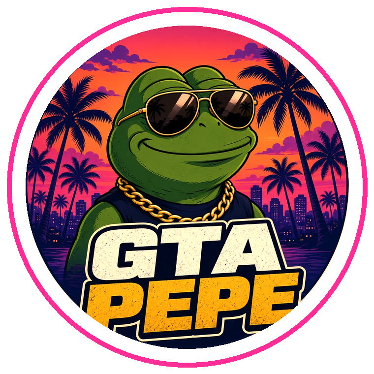 GTA Pepe round sticker: Pepe in sunglasses and a gold chain in front of palm trees at sunset